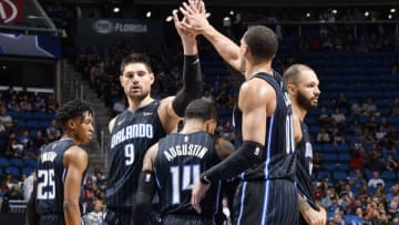 ORLANDO, FL - NOVEMBER 18: The Orlando Magic celebrate during the game against the New York Knicks on November 18, 2018 at Amway Center in Orlando, Florida. NOTE TO USER: User expressly acknowledges and agrees that, by downloading and or using this photograph, User is consenting to the terms and conditions of the Getty Images License Agreement. Mandatory Copyright Notice: Copyright 2018 NBAE (Photo by Fernando Medina/NBAE via Getty Images)