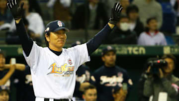 TOKYO, JAPAN - MARCH 21: Former New York Yankee players Hideki Matsui Charity Baseball Game celebrates a homer after scoring during the Tomodachi Charity Baseball Game on March 21, 2015 in Tokyo, Japan. (Photo by Koji Watanabe/Getty Images)