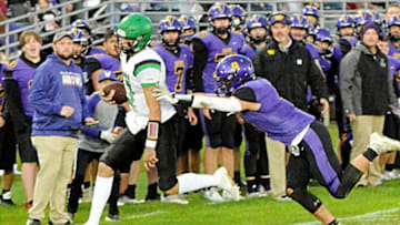 Watertown's Austin Johnson (9) pushes Pierre's Lincoln Kienholz out of bounds during their Eastern South Dakota Conference football game on Friday, Sept. 23, 2022 at Watertown Stadium. Pierre won 47-13.
