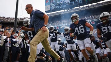 STATE COLLEGE, PA - SEPTEMBER 10: Head coach James Franklin of the Penn State Nittany Lions leads the team onto the field before the game against the Ohio Bobcats at Beaver Stadium on September 10, 2022 in State College, Pennsylvania. (Photo by Scott Taetsch/Getty Images)