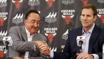 Jun 2, 2015; Chicago, IL, USA; Chicago Bulls General Manager Gar Forman (left) introduces new head coach Fred Hoiberg during a press conference at Advocate Center. Mandatory Credit: Kamil Krzaczynski-USA TODAY Sports
