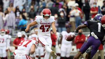 Oct 24, 2020; Fort Worth, Texas, USA; Oklahoma Sooners place kicker Gabe Brkic (47) makes a field goal during the second half against the TCU Horned Frogs at Amon G. Carter Stadium. Mandatory Credit: Kevin Jairaj-USA TODAY Sports