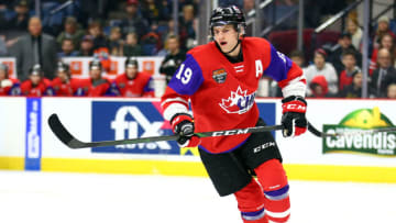 HAMILTON, ON - JANUARY 16: Dawson Mercer #19 of Team Red skates during the 2020 CHL/NHL Top Prospects Game against Team White at FirstOntario Centre on January 16, 2020 in Hamilton, Canada. (Photo by Vaughn Ridley/Getty Images)