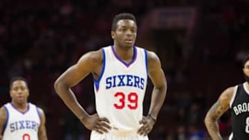Mar 14, 2015; Philadelphia, PA, USA; Philadelphia 76ers forward Jerami Grant (39) in a game against the Brooklyn Nets at Wells Fargo Center. The Nets won 94-87. Mandatory Credit: Bill Streicher-USA TODAY Sports