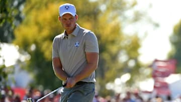 Oct 1, 2016; Chaska, MN, USA; Danny Willett of England reacts to a putt on the sixth green during the afternoon four-ball matches in the 41st Ryder Cup at Hazeltine National Golf Club. Mandatory Credit: John David Mercer-USA TODAY Sports