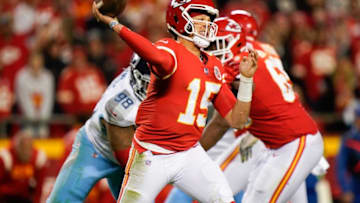 Kansas City Chiefs quarterback Patrick Mahomes (15) throws a pass during the third quarter at GEHA Field at Arrowhead Stadium Sunday, Nov. 6, 2022, in Kansas City, Mo.Nfl Tennessee Titans At Kansas City Chiefs