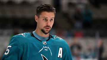 SAN JOSE, CALIFORNIA - OCTOBER 04: Erik Karlsson #65 of the San Jose Sharks warms up before their game against the Anaheim Ducks at SAP Center on October 04, 2021 in San Jose, California. (Photo by Ezra Shaw/Getty Images)