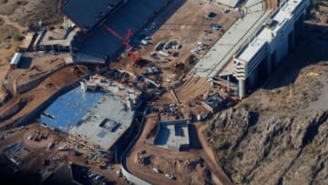 Jun. 2, 2016; Tempe, AZ, USA; Aerial view of construction at Sun Devil Stadium home of the Arizona State Sun Devils football team. Also visible is the Wells Fargo Arena (top left) home of the mens and women basketball teams. Mandatory Credit: Mark J. Rebilas-USA TODAY Sports