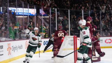 Minnesota Wild right wing Mats Zuccarello celebrates a goal against the Arizona Coyotes during the first period at Mullett Arena on Sunday . (Joe Camporeale-USA TODAY Sports)