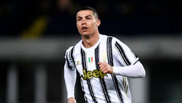 STADIO MARCANTONIO BENTEGODI, VERONA, ITALY - 2021/02/27: Cristiano Ronaldo of Juventus FC celebrates after scoring a goal during the Serie A football match between Hellas Verona and Juventus FC. The match ended 1-1 tie. (Photo by Nicolò Campo/LightRocket via Getty Images)