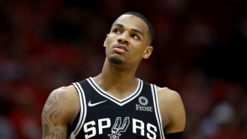 NEW ORLEANS, LOUISIANA - APRIL 13: Dejounte Murray #5 of the San Antonio Spurs stands on the court during the first quarter of the 2022 NBA Play-In Tournament at Smoothie King Center on April 13, 2022 in New Orleans, Louisiana. NOTE TO USER: User expressly acknowledges and agrees that, by downloading and or using this photograph, User is consenting to the terms and conditions of the Getty Images License Agreement. (Photo by Sean Gardner/Getty Images)