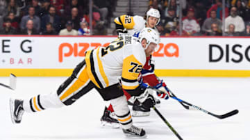 MONTREAL, QC - MARCH 15: Pittsburgh Penguins Right Wing Patric Hornqvist (72) chases the puck during the Pittsburgh Penguins versus the Montreal Canadiens game on March 15, 2018, at Bell Centre in Montreal, QC (Photo by David Kirouac/Icon Sportswire via Getty Images)