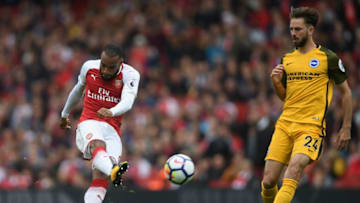 LONDON, ENGLAND - OCTOBER 01: Alexandre Lacazette of Arsenal shoots during the Premier League match between Arsenal and Brighton and Hove Albion at Emirates Stadium on October 1, 2017 in London, England. (Photo by Mike Hewitt/Getty Images)
