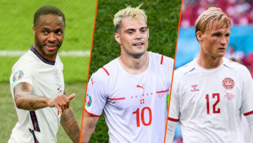 Raheem Sterling, Granit Xhaka et Kasper Dolberg. 