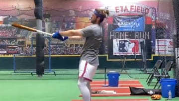 Bryce Harper reacting to a late night bomb he hit in batting practice 