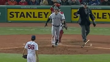 Yankees first baseman Tyler Austin stares down Red Sox pitcher Joe Kelly before brawl