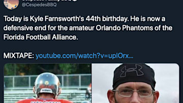 Retired relief pitcher Kyle Farnsworth has an entirely new look as a defensive end playing in an amateur football league.
