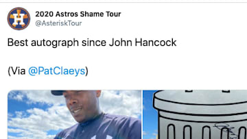Yankees closer Aroldis Chapman autographed an Astros trash can sign.