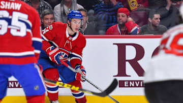 MONTREAL, QC - DECEMBER 14: Montreal Canadiens Left Wing Charles Hudon (54) looks for a pass target during the New Jersey Devils versus the Montreal Canadiens game on December 14, 2017, at Bell Centre in Montreal, QC (Photo by David Kirouac/Icon Sportswire via Getty Images)