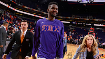 PHOENIX, AZ - OCTOBER 23: Deandre Ayton seen followng the game against the Sacramento Kings on October 23, 2019 at Talking Stick Resort Arena in Phoenix, Arizona. NOTE TO USER: User expressly acknowledges and agrees that, by downloading and or using this photograph, user is consenting to the terms and conditions of the Getty Images License Agreement. Mandatory Copyright Notice: Copyright 2019 NBAE (Photo by Barry Gossage/NBAE via Getty Images)