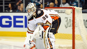 SAN JOSE, CA - APRIL 18: Anaheim Ducks goaltender John Gibson (36) guards the net in the third period during game four of the first round of the Stanley Cup Playoffs between the San Jose Sharks and the Anaheim Ducks on April 18, 2018 at SAP Center in San Jose,CA (Photo by Samuel Stringer/Icon Sportswire via Getty Images)