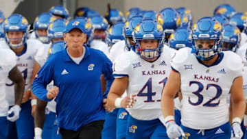 AMES, IA - OCTOBER 2: Head coach Lance Leipold of the Kansas Jayhawks takes the field with his team at Jack Trice Stadium on October 2, 2021 in Ames, Iowa. Then Iowa State Cyclones won 59-7 over the Kansas Jayhawks. (Photo by David K Purdy/Getty Images)