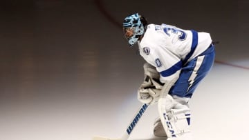 May 13, 2016; Pittsburgh, PA, USA; Tampa Bay Lightning goalie Ben Bishop (30) takes to the ice against the Pittsburgh Penguins during the first period in game one of the Eastern Conference Final of the 2016 Stanley Cup Playoffs at the CONSOL Energy Center. Mandatory Credit: Charles LeClaire-USA TODAY Sports