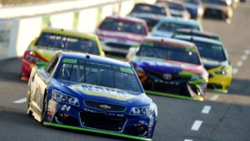 MARTINSVILLE, VA - OCTOBER 29: Chase Elliott, driver of the #24 NAPA Chevrolet, leads a pack of cars during the Monster Energy NASCAR Cup Series First Data 500 at Martinsville Speedway on October 29, 2017 in Martinsville, Virginia. (Photo by Jared C. Tilton/Getty Images)
