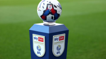 The EFL Sky Bet Championship match ball is seen on a plinth prior to the Sky Bet Championship match between Blackburn Rovers and Burnley at Ewood Park on April 25, 2023 in Blackburn, England. Leicester City compete in the division next season. (Photo by Matt McNulty/Getty Images)