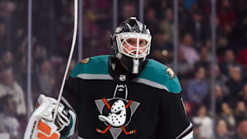 MONTREAL, QC - FEBRUARY 05: Look on Anaheim Ducks goalie Chad Johnson (1) during the Anaheim Ducks versus the Montreal Canadiens game on February 05, 2019, at Bell Centre in Montreal, QC (Photo by David Kirouac/Icon Sportswire via Getty Images)