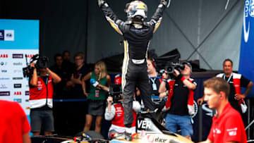 NEW YORK, NY - JULY 14: In this handout provided by FIA Formula E, Jean-Eric Vergne (FRA), TECHEETAH, Renault Z.E. 17, celebrates in Parc Ferme after winning the championship during the New York City ePrix, Round 11 of the 2017/18 FIA Formula E Series on July 14, 2018 in New York, United States. (Photo by Steven Tee/FIA Formula E via Getty Images)