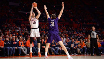 CHAMPAIGN, IL - JANUARY 18: Illinois Fighting Illini forward Giorgi Bezhanishvili (15) shoots a jump shot over Northwestern Wildcats forward Robbie Beran (31) during the Big Ten Conference college basketball game between the Northwestern Wildcats and the Illinois Fighting Illini on January 18, 2020, at the State Farm Center in Champaign, Illinois. (Photo by Michael Allio/Icon Sportswire via Getty Images)
