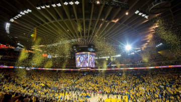 May 26, 2016; Oakland, CA, USA; A general view of Oracle Arena after the Golden State Warriors win game five of the Western conference finals of the NBA Playoffs against the Oklahoma City Thunder. The Warriors won 120-111. Mandatory Credit: Kelley L Cox-USA TODAY Sports