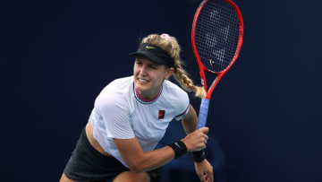 MIAMI GARDENS, FLORIDA - MARCH 18: Eugene Bouchard of Canada in action against Nao Hibino of Japan in qualifying during day one of the Miami Open on March 18, 2019 in Miami Gardens, Florida. (Photo by Julian Finney/Getty Images)