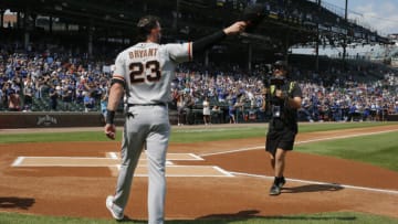 CHICAGO, ILLINOIS - SEPTEMBER 10: Kris Bryant #23 of the San Francisco Giants waves to the fans during a standing ovation following a video tribute in his honor prior to a game against the Chicago Cubs at Wrigley Field on September 10, 2021 in Chicago, Illinois. Today's game was Bryant's first time back at Wrigley Field since he was traded by the Cubs. (Photo by Nuccio DiNuzzo/Getty Images)