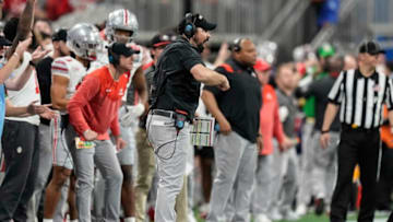 Dec 31, 2022; Atlanta, Georgia, USA; Ohio State Buckeyes head coach Ryan Day yells from the sideline during the second half of the Peach Bowl against the Georgia Bulldogs in the College Football Playoff semifinal at Mercedes-Benz Stadium. Ohio State lost 42-41. Mandatory Credit: Adam Cairns-The Columbus DispatchNcaa Football Peach Bowl Ohio State At Georgia