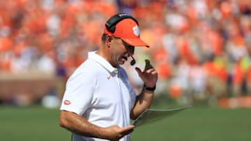 CLEMSON, SOUTH CAROLINA - SEPTEMBER 07: Head coach Dabo Swinney of the Clemson Tigers watches on from the sidelines against the Texas A&M Aggies during their game at Memorial Stadium on September 07, 2019 in Clemson, South Carolina. (Photo by Streeter Lecka/Getty Images)