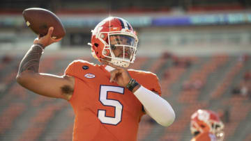 Oct 31, 2020; Clemson, SC, USA; Clemson quarterback D.J. Uiagalelei (5) warms up before the game against Boston College at Memorial Stadium. Mandatory Credit: Josh Morgan-USA TODAY Sports