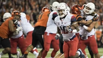 Nov 19, 2016; Corvallis, OR, USA; Arizona Wildcats running back Samajie Grant (10) runs for a touchdown against the Oregon State Beavers in the third quarter at Reser Stadium. Mandatory Credit: Cole Elsasser-USA TODAY Sports