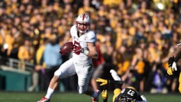 Jan 1, 2016; Pasadena, CA, USA; Stanford Cardinal running back Christian McCaffrey (5) runs against the Iowa Hawkeyes during the first quarter in the 2016 Rose Bowl at Rose Bowl. Mandatory Credit: Kirby Lee-USA TODAY Sports