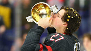 OSTRAVA, CZECH REPUBLIC - JANUARY 5, 2020: Canada's captain Barrett Hayton kisses the trophy during the medal ceremony for the 2020 World Junior Ice Hockey Championship final match between Canada and Russia at Ostravar Arena; Canada won 4-3. Peter Kovalev/TASS (Photo by Peter Kovalev\TASS via Getty Images)