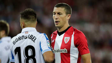 BILBAO, SPAIN - OCTOBER 5: Gorosabel of Real Sociedad, Oscar de Marcos of Athletic Bilbao during the La Liga Santander match between Athletic de Bilbao v Real Sociedad at the Estadio San Mames on October 5, 2018 in Bilbao Spain (Photo by David S. Bustamante/Soccrates /Getty Images)