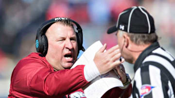 OXFORD, MS - OCTOBER 28: Head Coach Bret Bielema of the Arkansas Razorbacks calls a time out near the end of the game during a game against the Ole Miss Rebels at Hemingway Stadium on October 28, 2017 in Oxford, Mississippi. The Razorbacks defeated the Rebels 38-37. (Photo by Wesley Hitt/Getty Images)