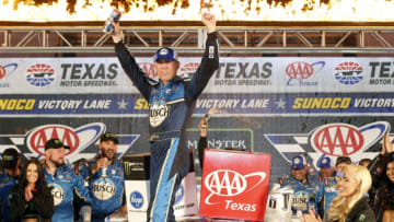 FORT WORTH, TEXAS - NOVEMBER 03: Kevin Harvick, driver of the #4 Busch Beer/Ducks Unlimited Ford, celebrates in Victory Lane after winning the Monster Energy NASCAR Cup Series AAA Texas 500 at Texas Motor Speedway on November 03, 2019 in Fort Worth, Texas. (Photo by Brian Lawdermilk/Getty Images)