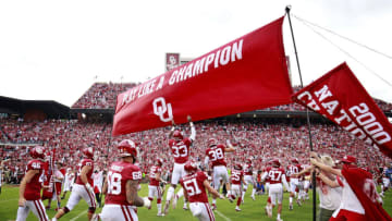 NORMAN, OK - SEPTEMBER 22: The Oklahoma Sooners take the field before the game against the Army Black Knights at Gaylord Family Oklahoma Memorial Stadium on September 22, 2018 in Norman, Oklahoma. The Sooners defeated the Black Knights 28-21 in overtime. (Photo by Brett Deering/Getty Images)