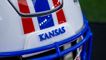 Jul 13, 2022; Arlington, TX, USA; A view of the team logo on the helmet of the Kansas Jayhawks during the Big 12 Media Day at AT&T Stadium. Mandatory Credit: Jerome Miron-USA TODAY Sports