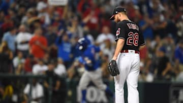 Nov 2, 2016; Cleveland, OH, USA; Cleveland Indians starting pitcher Corey Kluber reacts after a solo home run by Chicago Cubs second baseman Javier Baez in the fifth inning in game seven of the 2016 World Series at Progressive Field. Mandatory Credit: Tommy Gilligan-USA TODAY Sports