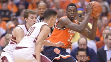 Feb 19, 2014; Syracuse, NY, USA; Syracuse Orange forward Jerami Grant (3) looks to get past the Boston College Eagles defense during the first half of a game at the Carrier Dome. Mandatory Credit: Mark Konezny-USA TODAY Sports