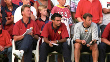 Barcelona manager Louis van Gaal, left, and assistant Jose Mourinho, centre (Photo by Jon Buckle - EMPICS/PA Images via Getty Images)