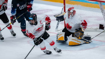 LAUSANNE, SWITZERLAND - JANUARY 21: #11 Matthew Savoie of Canada in action during Men's 6-Team Tournament Semifinals Game between United States and Canada of the Lausanne 2020 Winter Youth Olympics on January 21, 2020 in Lausanne, Switzerland. (Photo by RvS.Media/Basile Barbey/Getty Images)